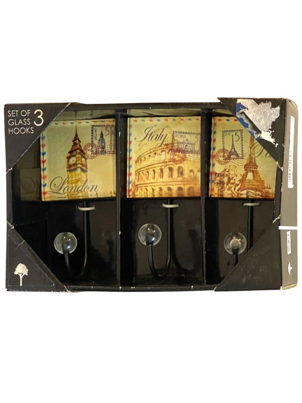 Studio 5 Decorative Glass Wall Hook Set 3 Vintage London Italy Paris New In Box